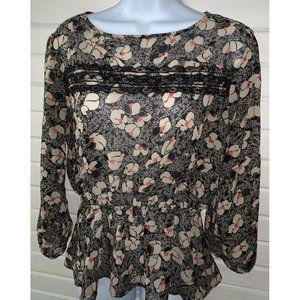 Lily Rose Sz MEDIUM Tunic Peplum Popover Black Scribble Floral Semi Sheer EUC